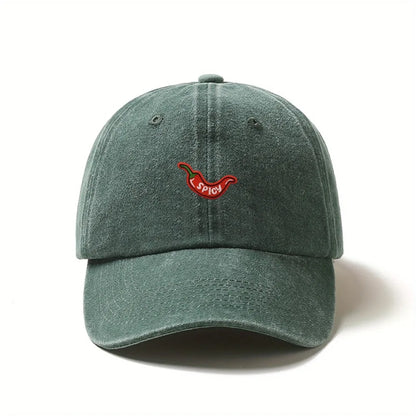 1pc Retro Washed Baseball Caps for Women,with Chili Pepper Embroidery,Adjustable Snapback,Lightweight Breathable for Daily Wear