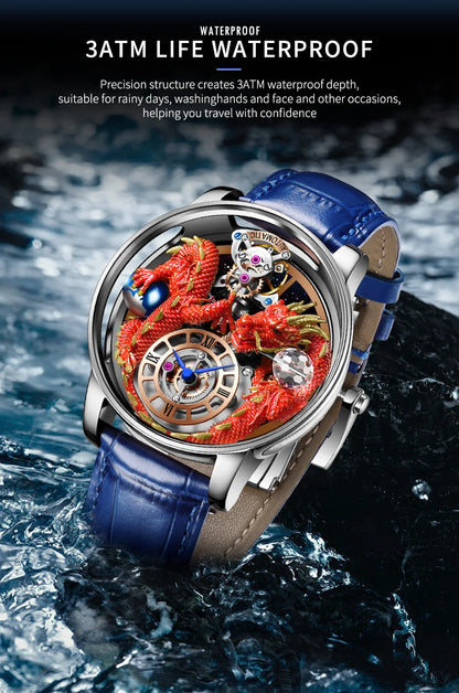 PINDU Fashion Roman Numeral Display Mineral Tempered Glass Material Quartz Movement 3ATM Waterproof Celestial Dragon Men's Watch