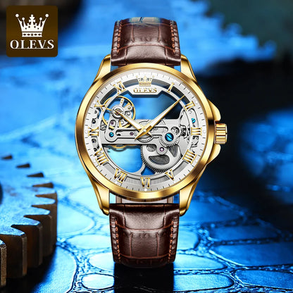 OLEVS Skeleton Automatic Mechanical Watch Men Leather Strap Luminous Waterproof Luxury Business Wristwatch For Man 6661