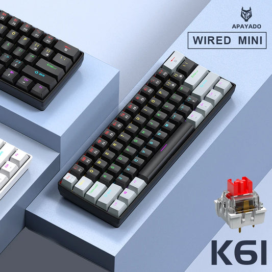 60% Portable Mini Keyboard APAYADO K61 Mechanical Keyboard Wired, 61 Keys RGB Black, White, Red/Blue Switch for Gaming