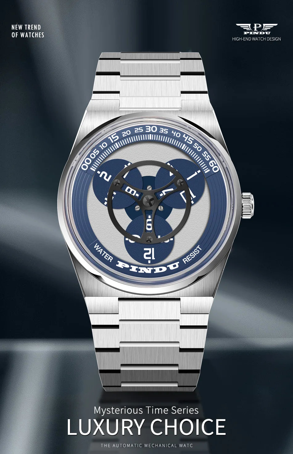 PINDU Turntable Creative Watch Miyota 8215 With Pointerless Design Trendy Steel Business Mechanical Watches Luminous Waterproof