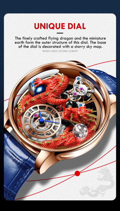 PINDU Fashion Roman Numeral Display Mineral Tempered Glass Material Quartz Movement 3ATM Waterproof Celestial Dragon Men's Watch