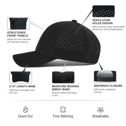 VOBOOM Men Quick Dry Baseball Cap Laser Cut Mesh Ball Curved Brim Snapback Hat Outdoor Running Travel Black Hat