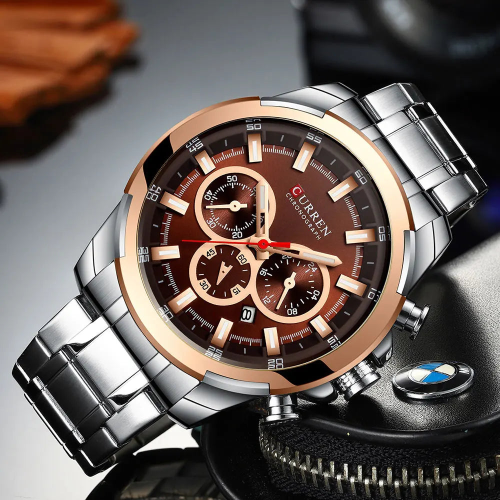 Relógio cronógrafo para homem CURREN, mostrador grande de 48 mm, bracelete em aço inoxidável, três submostradores, relógio de pulso desportivo de quartzo, estilo luxuoso