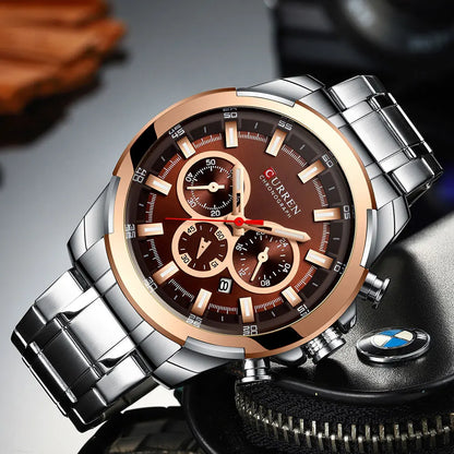 Relógio cronógrafo para homem CURREN, mostrador grande de 48 mm, bracelete em aço inoxidável, três submostradores, relógio de pulso desportivo de quartzo, estilo luxuoso