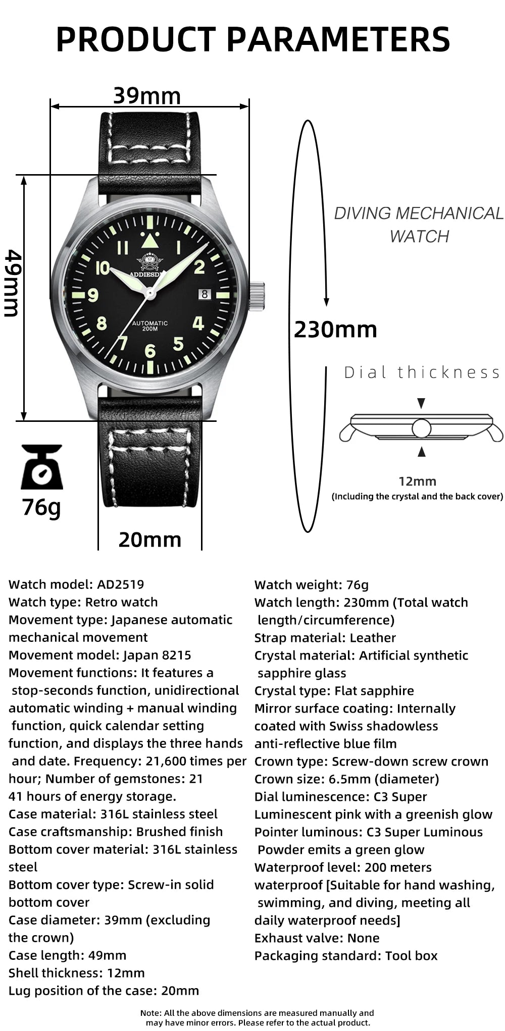 ADDIESDIVE Fashion Retro Personalized Watches 200m Waterproof C3 Luminous Steel Watch Sapphire Glass Mechanical Analog Watches