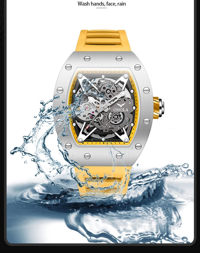 ONOLA Luxury Automatic Watch Men Fashion Hollow Silicone Waterproof Mechanical Watch Men Military Sports Watch Clock