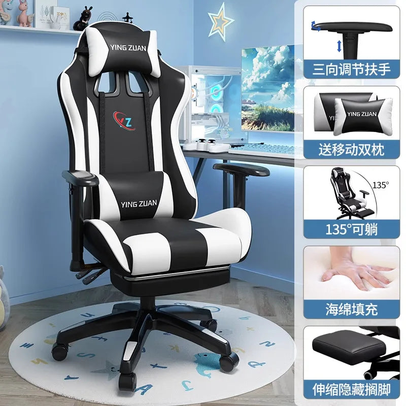 Scaun de gaming, scaun pentru computer, șezut confortabil rabatabil, pentru jocuri și live streaming, dormitor, studenți, acasă, ergonomie pentru stat prelungit pe scaun