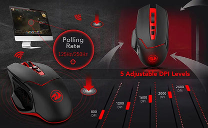 Mouse gaming wireless Redragon M690-1 2.4Ghz cu schimbare DPI, 2 butoane laterale, 2400 DPI, design ergonomic, 8 butoane - mouse negru