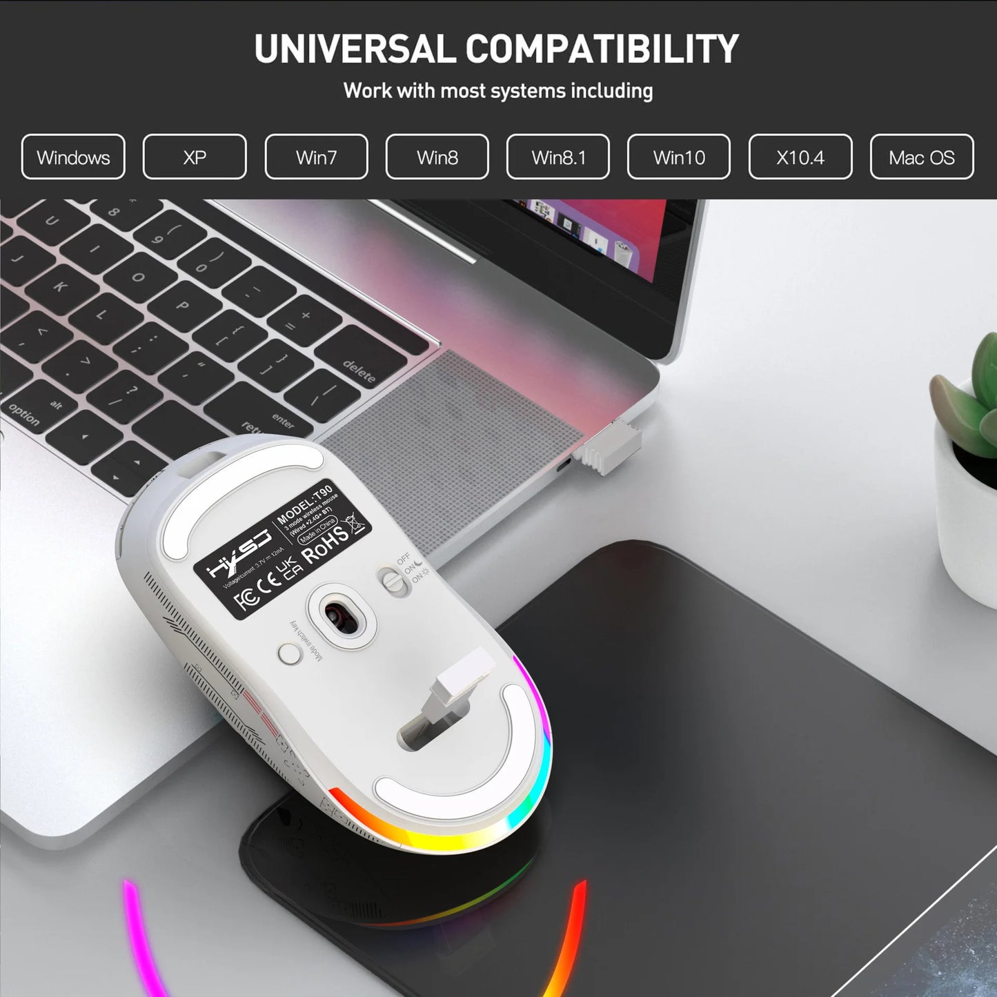 3 tilstande Bluetooth-gamingmus, genopladelig 2.4G USB trådløs mus med RGB-baggrundsbelysning til iPad, tablet, laptop og computer