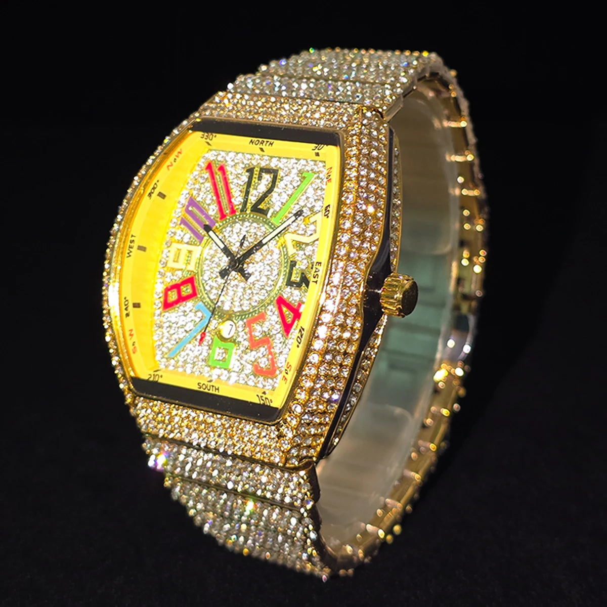 Men's Luxury Barrel-Shaped Quartz Watch With Black Iced Diamond Rainbow Number Dial Luminous Hands Watches For Man Dropshipping