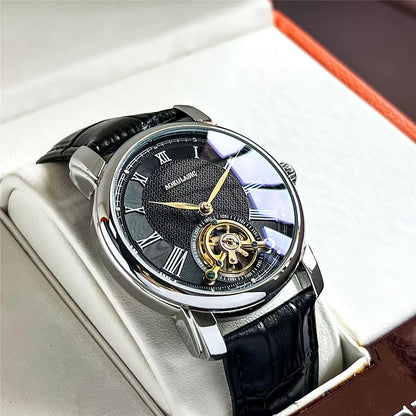 Men’s automatic mechanical watch – Elegant skeletonised design, trendy ‘business casual’ style, alloy case and leather strap, battery-free
