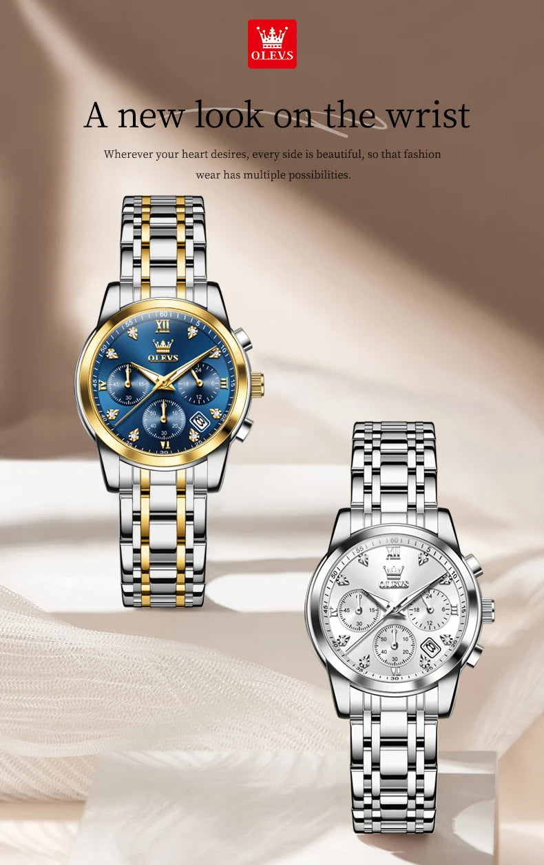 OLEVS 2858 Chronograph Quartz Wristwatches for Woman Fashion Elegant Classic Auto Date Waterproof Stainless Steel Women's Watch