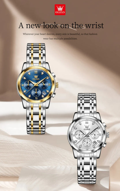 OLEVS 2858 Chronograph Quartz Wristwatches for Woman Fashion Elegant Classic Auto Date Waterproof Stainless Steel Women's Watch