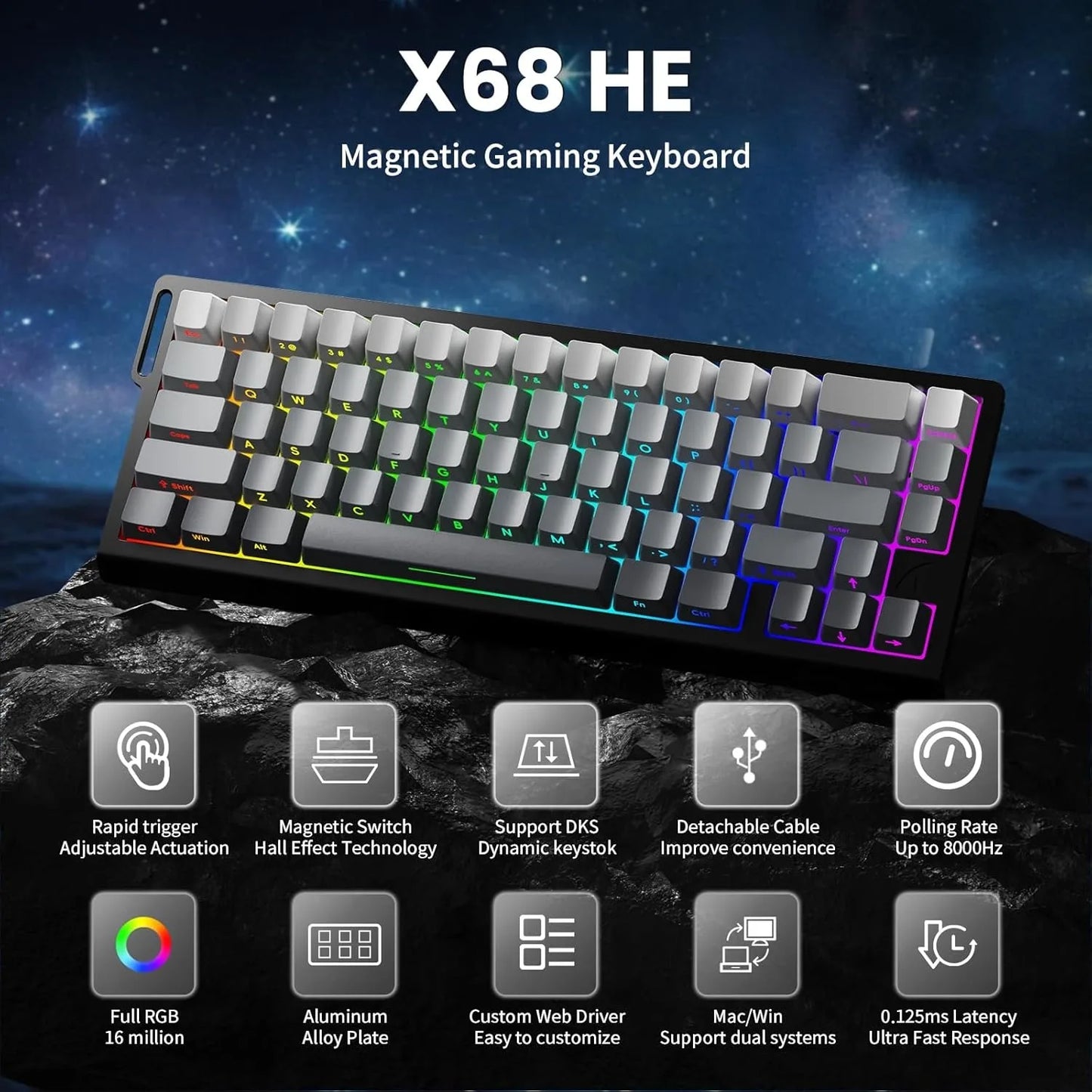 ATTACK SHARK X68 HE 8000Hz Rapid Trigger Keyboard 0.01mm RT Accuracy RGB Wired Gaming Keyboard with Magnetic Switch  for PC/Mac