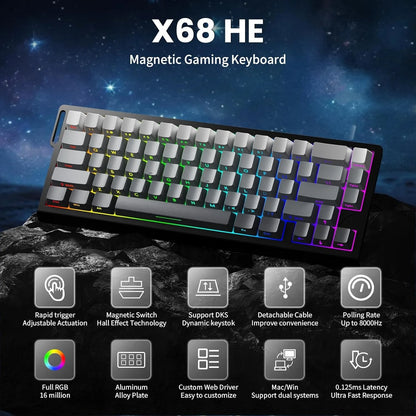 ATTACK SHARK X68 HE 8000Hz Rapid Trigger Keyboard 0.01mm RT Accuracy RGB Wired Gaming Keyboard with Magnetic Switch  for PC/Mac