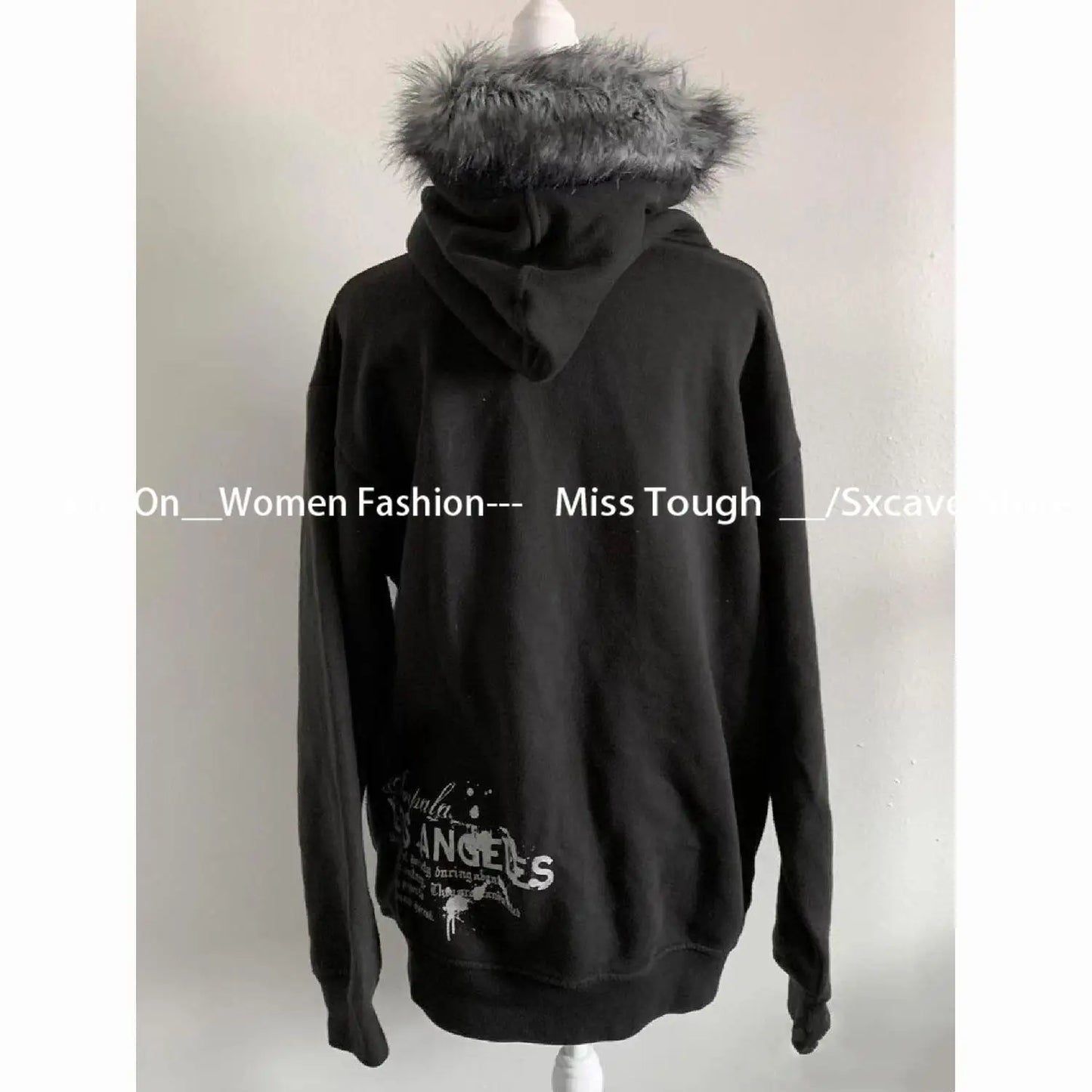 American Vintage Black Faux Fur Sweatshirts Women Letter Printed Subculture Coats with Hooded Female Gothic Harajuku Jackets Y2k