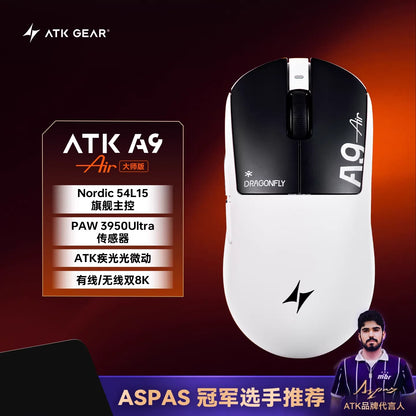 Bezdrátová herní myš ATK A9 s technologií NearLink, ergonomická, PAW3395, třírežimové Bluetooth, nízká latence, e-sportovní myš pro PC