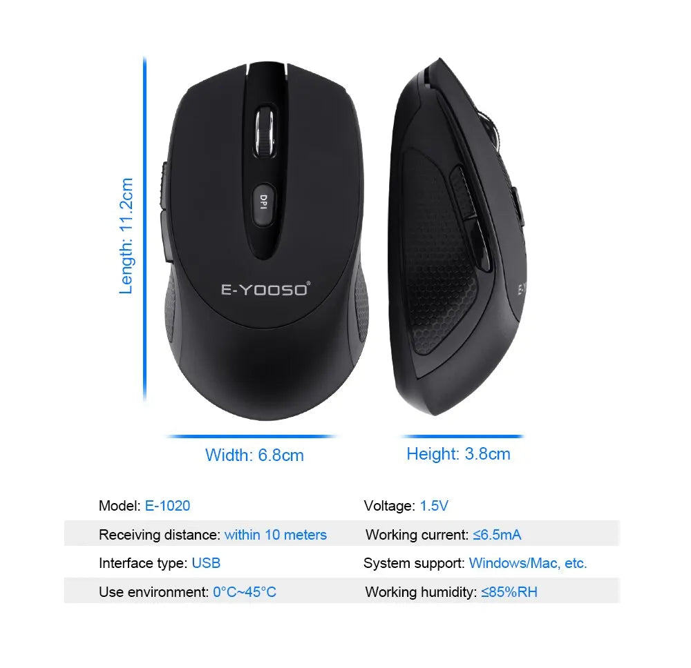 E-YOOSO E-1020 USB 2.4G trådlös gamingmus, tyst ljudlös kontorsmus, 2400 DPI optisk spelmus, ergonomisk för laptop, PC och dator