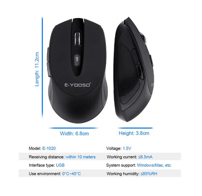 E-YOOSO E-1020 USB 2.4G trådlös gamingmus, tyst ljudlös kontorsmus, 2400 DPI optisk spelmus, ergonomisk för laptop, PC och dator