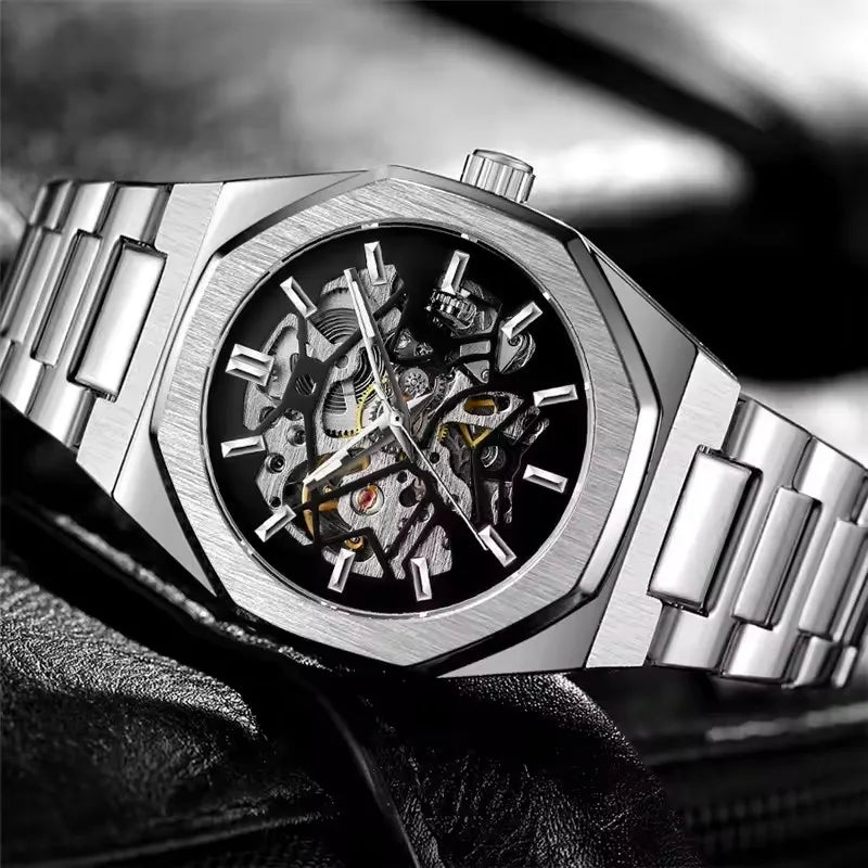 FORSINING 344D Top Brand Luxury Skeleton Automatic Mechanical Men's Watch Hollow Design Luminous Stainless Steel Strap Clock Men