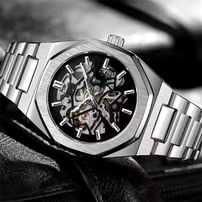 FORSINING 344D Top Brand Luxury Skeleton Automatic Mechanical Men's Watch Hollow Design Luminous Stainless Steel Strap Clock Men