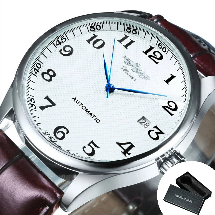Montre pour homme WINNER – Style classique, rétro et élégant – Montre mécanique automatique avec calendrier – Marque de luxe, boîtier en acier et bracelet en cuir