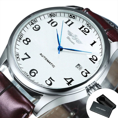 Montre pour homme WINNER – Style classique, rétro et élégant – Montre mécanique automatique avec calendrier – Marque de luxe, boîtier en acier et bracelet en cuir