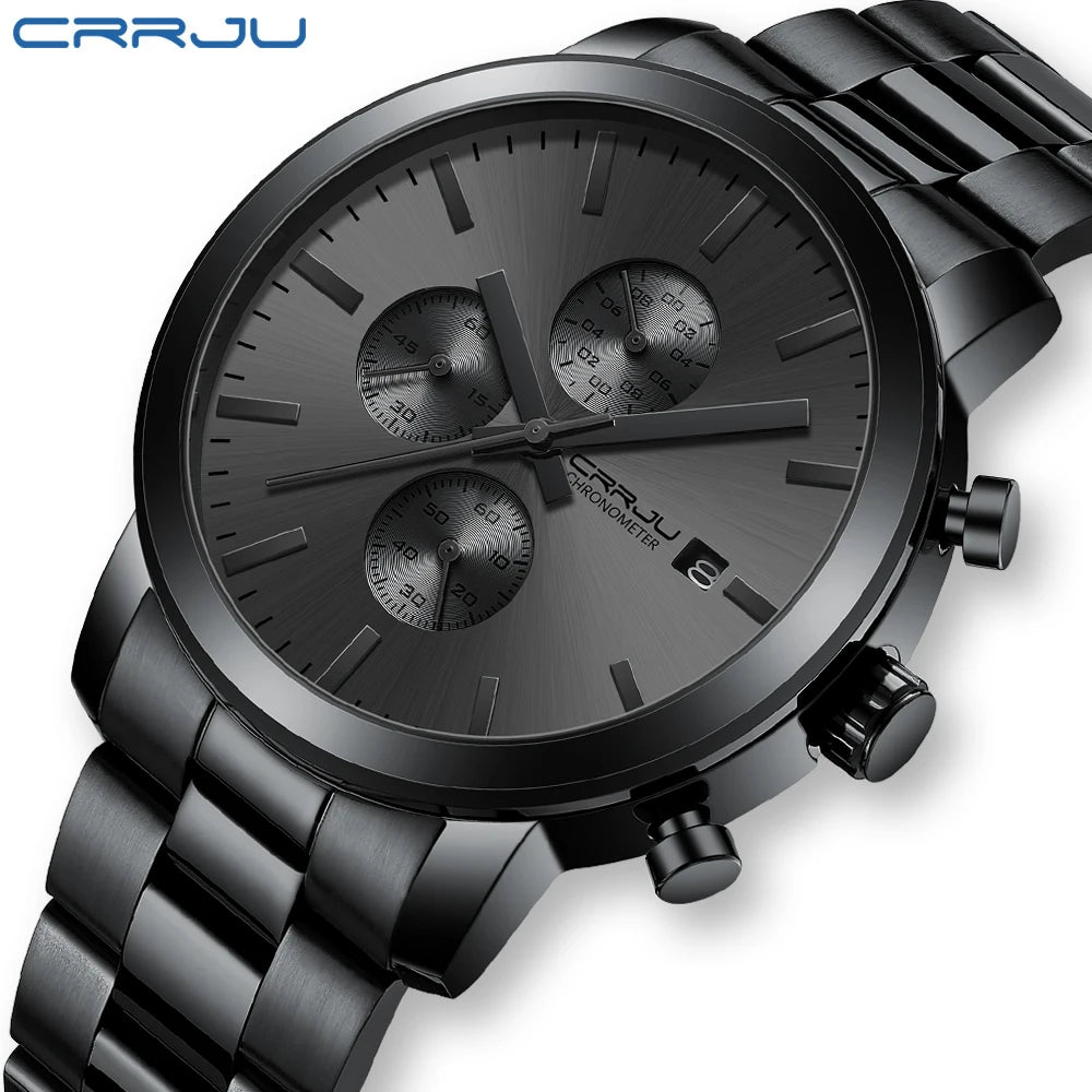 Relógio para homem CRRJU – Cronógrafo em aço inoxidável, estanque, com indicador de data, movimento analógico de quartzo, estilo elegante e profissional