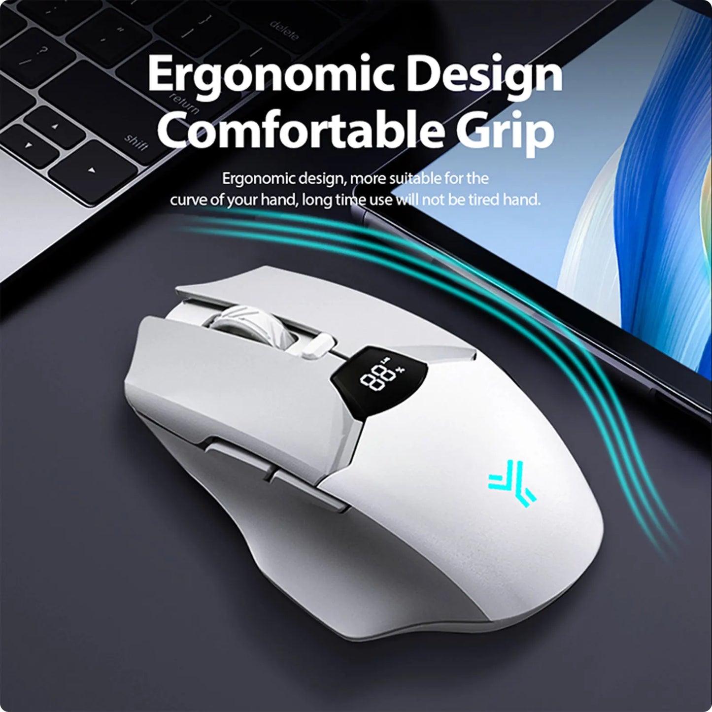 Trådløs Bluetooth-mus med digital batterivisning, lydløs ergonomisk mus til PC, bærbar computer og gaming, 2.4G/Bluetooth 5.0