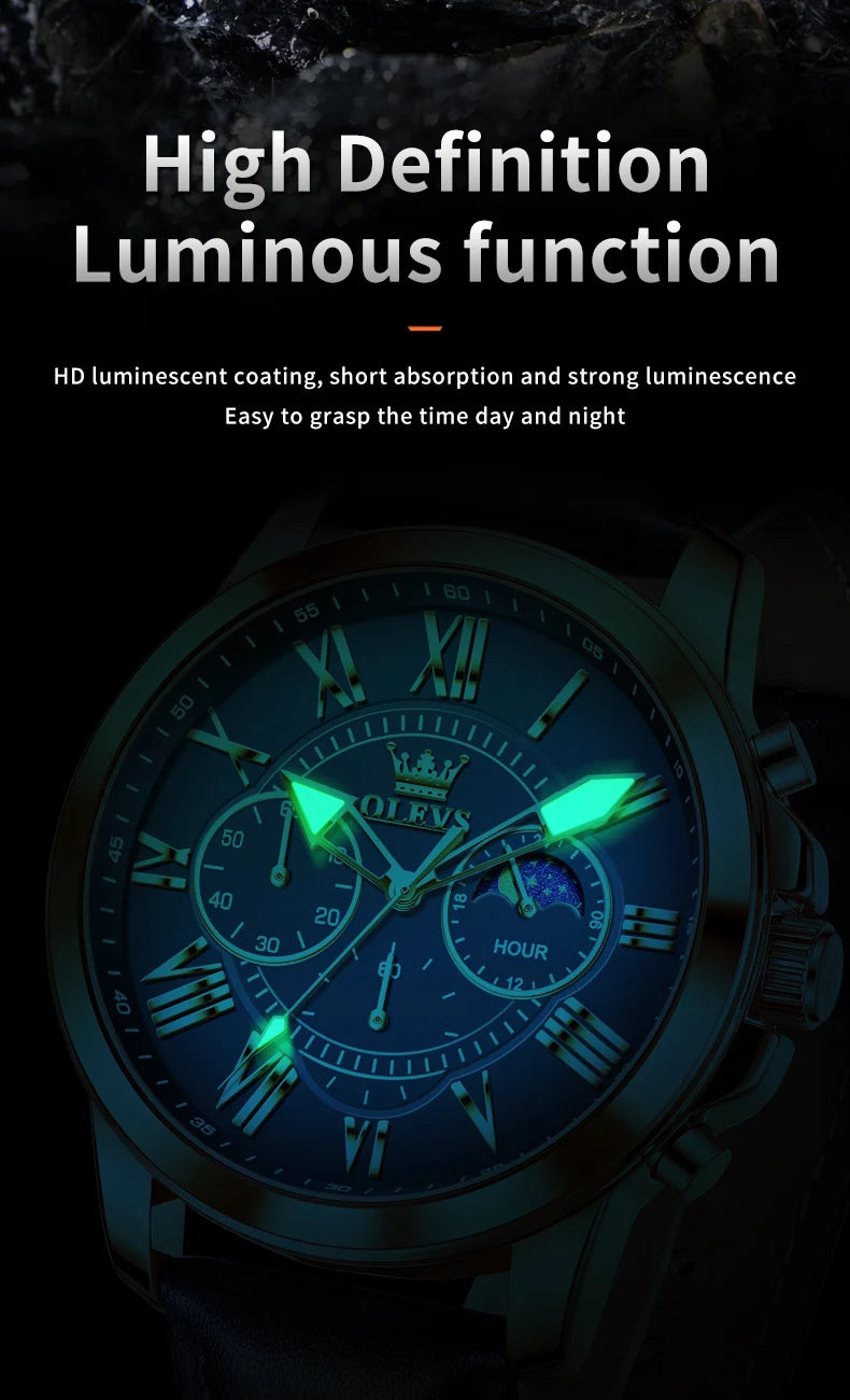 OLEVS 3632 Men Watch Elegant Luxury Sport Quartz Watch Scale Waterproof Luminous Automatic Date Moon Belt Watch Gifts Original