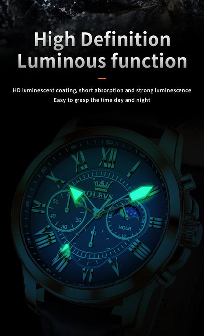 OLEVS 3632 Men Watch Elegant Luxury Sport Quartz Watch Scale Waterproof Luminous Automatic Date Moon Belt Watch Gifts Original