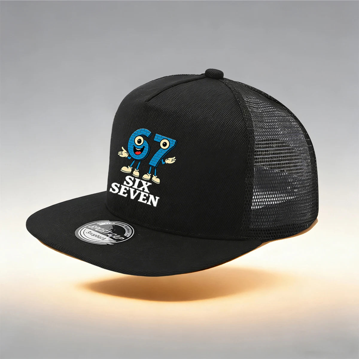 1/2PC Flat Brim Mesh Trucker Hat, Breathable, Cartoon 67 SIX SEVEN Anthropomorphic Print, Retro Streetwear for Men Women