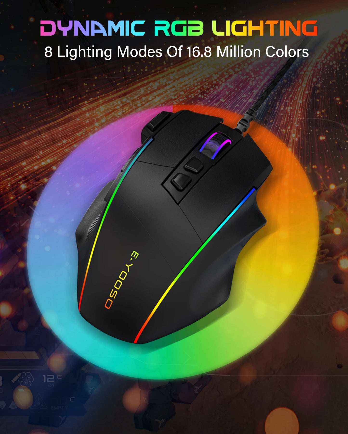 Drátová herní myš E-YOOSO X49, nastavitelných 12400 DPI, RGB podsvícení, 8 programovatelných tlačítek, ergonomická myš pro hráče na PC a notebook