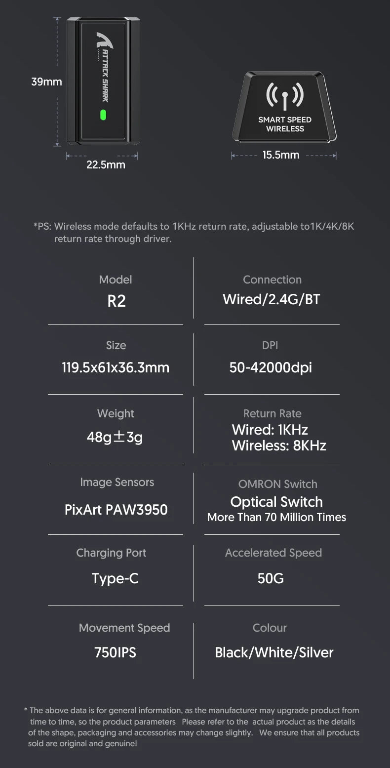 Attack Shark R2 vezeték nélküli gamer egér PAW3950 8K, könnyű magnéziumötvözet gamer egér, Bluetooth tri-mode kapcsolattal játékhoz/irodai használatra