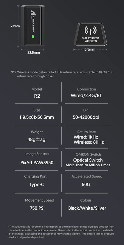 Attack Shark R2 vezeték nélküli gamer egér PAW3950 8K, könnyű magnéziumötvözet gamer egér, Bluetooth tri-mode kapcsolattal játékhoz/irodai használatra