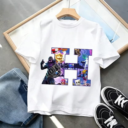 Tricou Fortnite cu imprimeu alfabet A-Z, de vară, pentru copii, alb, îmbrăcăminte cu joc cartoon popular, tricou fashion casual cu mânecă scurtă, cadou
