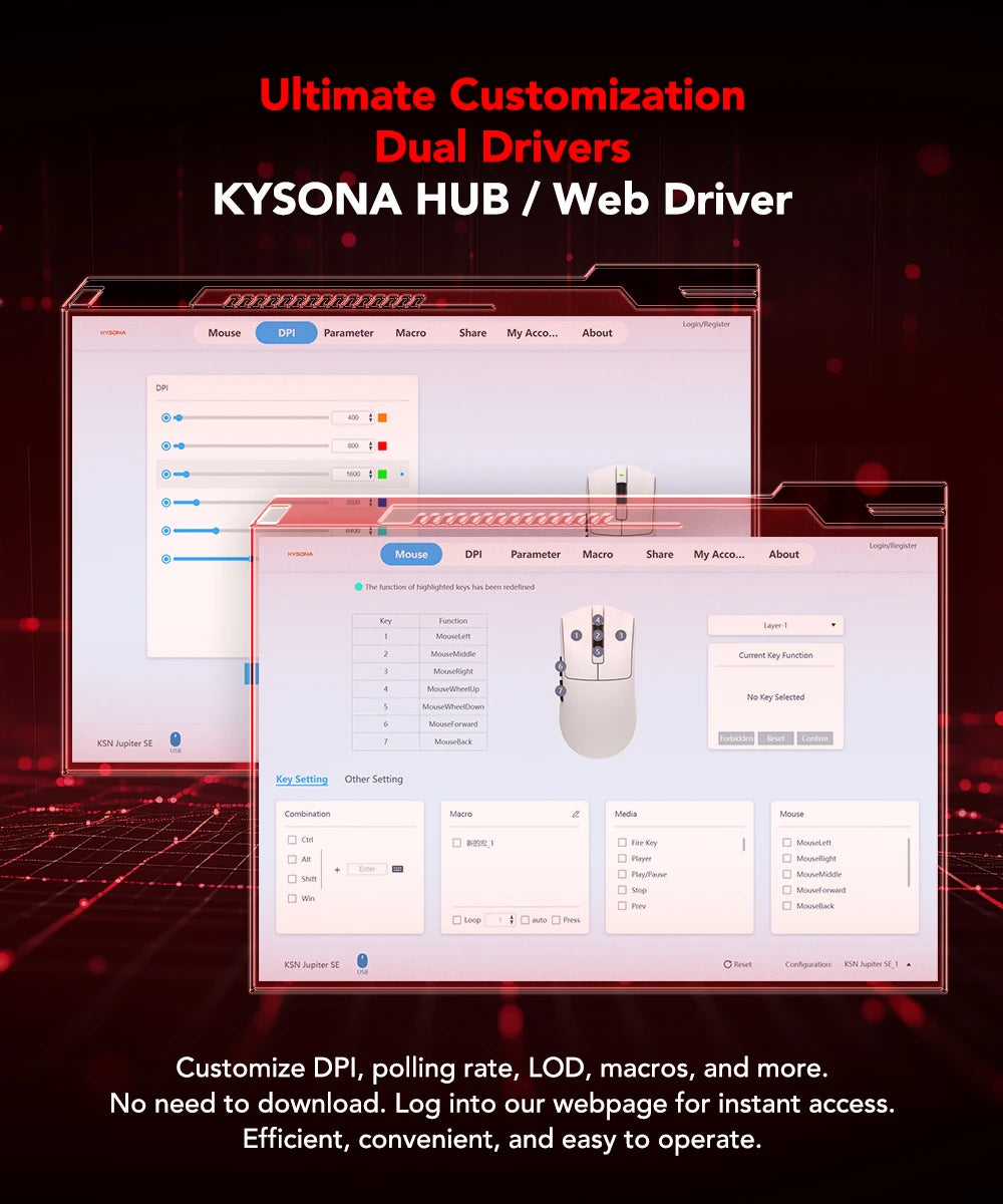 Геймърска мишка KYSONA Jupiter Series – жична/безжична мишка, 8Khz, сензор PAW3950, Bluetooth, 46g, презареждаема, уеб драйвер, за PC и лаптоп