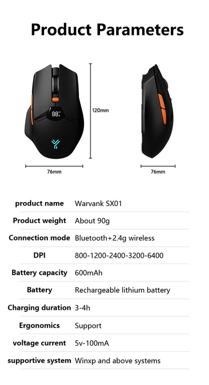 Warvank SX01 langaton pelihiiri älynäytöllä, 6-portainen DPI-säätö, 600mAh ladattava hiljainen Bluetooth-toimistohiiri