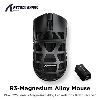 ATTACK SHARK R3 -pelihiiri, magnesiumseoksesta valmistettu hunajakennorakenne, ultrakevyt 8K Hz, PAW3395-sensori, 26000 DPI, ergonominen kuori
