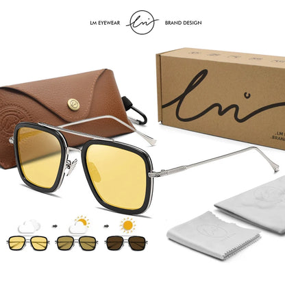 Brand High Quality Tony Stark Square Sunglasses Photochromic Polarized Men Glasses Steampunk Women Driving Night Vision Goggles