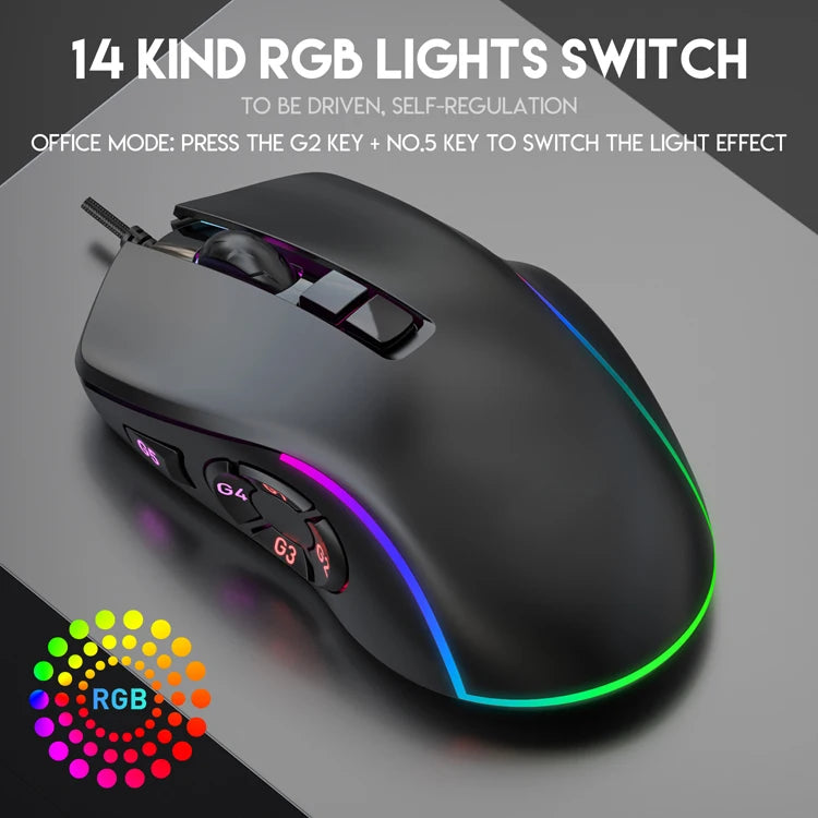 Kancelářská herní myš s kabelem 7200DPI, RGB podsvícení, 6 nastavitelných úrovní DPI, 10 programovatelných tlačítek, tlačítko návratu na plochu