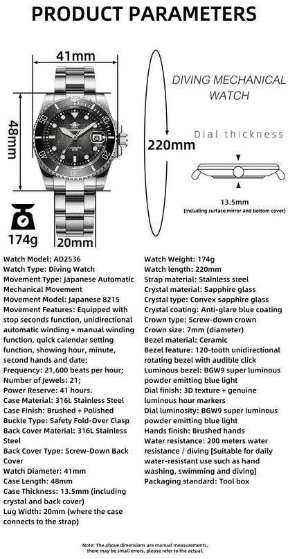 ADDIESDIVE Hot selling Men's Automatic Watch Sapphire Glass 200m Waterproof Watch BGW9 Night Light Classic Men's Watch AD2536