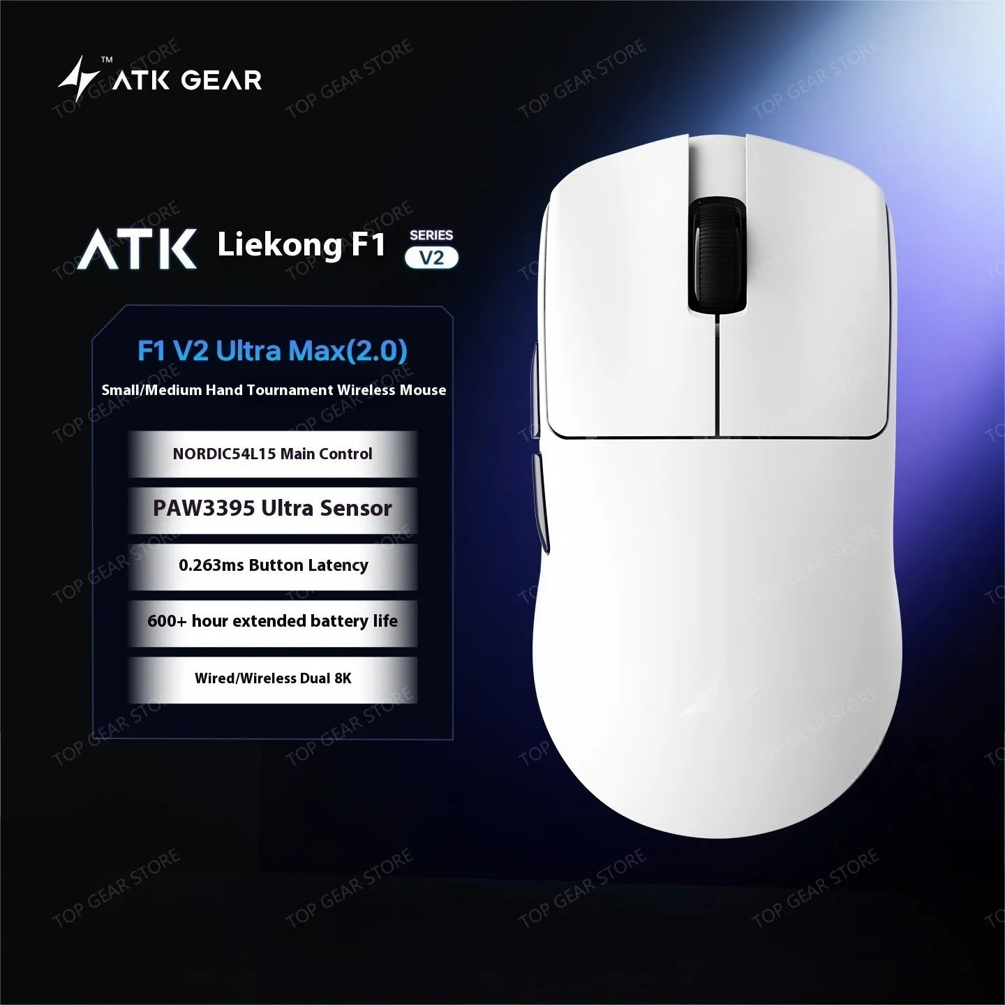 Mouse gaming ATK F1 V2 Ultra MAX wireless tri-mode PAW3950, dublu 8k, ușor, ergonomic, mouse esports, accesoriu PC personalizat