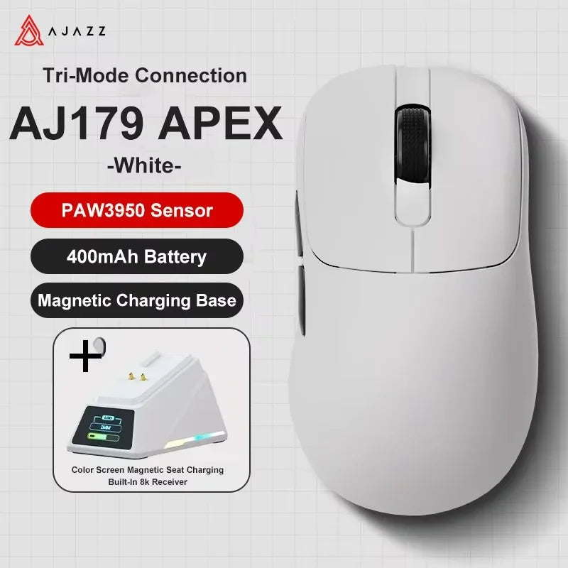 Ajazz AJ179 APEX Wireless Gaming Mouse with Color Screen Base, Bluetooth, PAW3395, 400mAh Battery, 8000Hz Refresh Rate