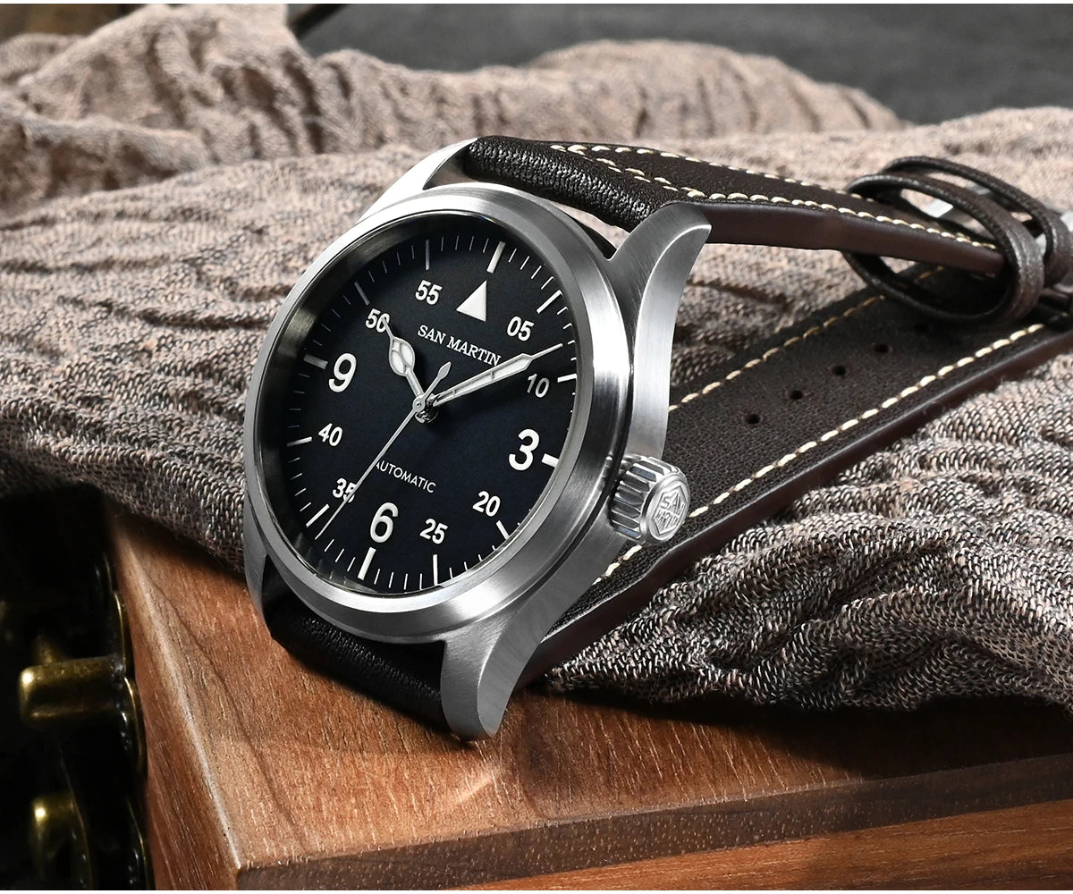 San Martin Men Pilot Watch 37mm Miyota 8215 Fashion Simple Style Military Automatic Mechanical Watches 100m Waterproof BGW-9