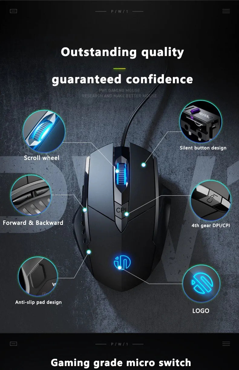 Кабелна мишка Inphic W1 Esports Gaming Mouse, безшумна офис мишка, опция с три или шест бутона