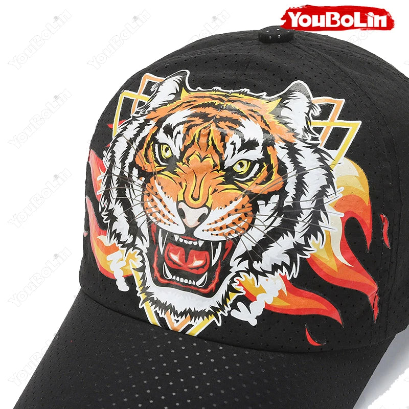 Outdoor Tiger Face Baseball Cap, Summer Quick-Dry Fabric, Mesh & Perforated Design, Ethnic Print Sun Protection Hat