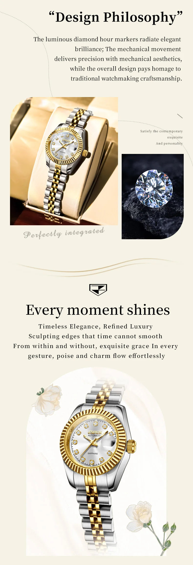 JSDUN 8737 Women Watches High Quality Luxury Elegant Original Mechanical Watch Small Dial Ladies Watch Steel Strap Gifts Box