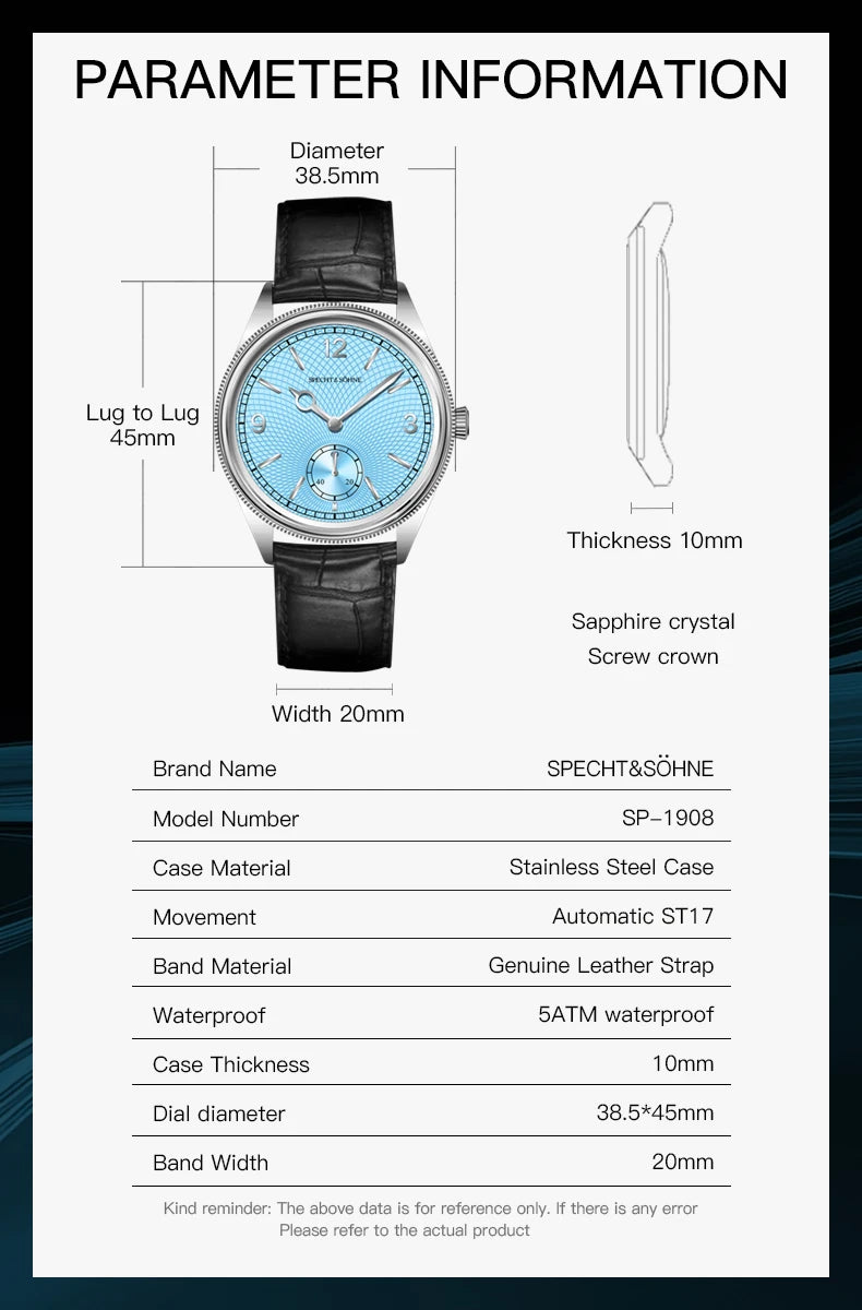 New Specht & Söhne 1908 Classic Men's Watches Mechanical Watch Genuine Leather Stainless Steel Business Wristwatch Waterproof